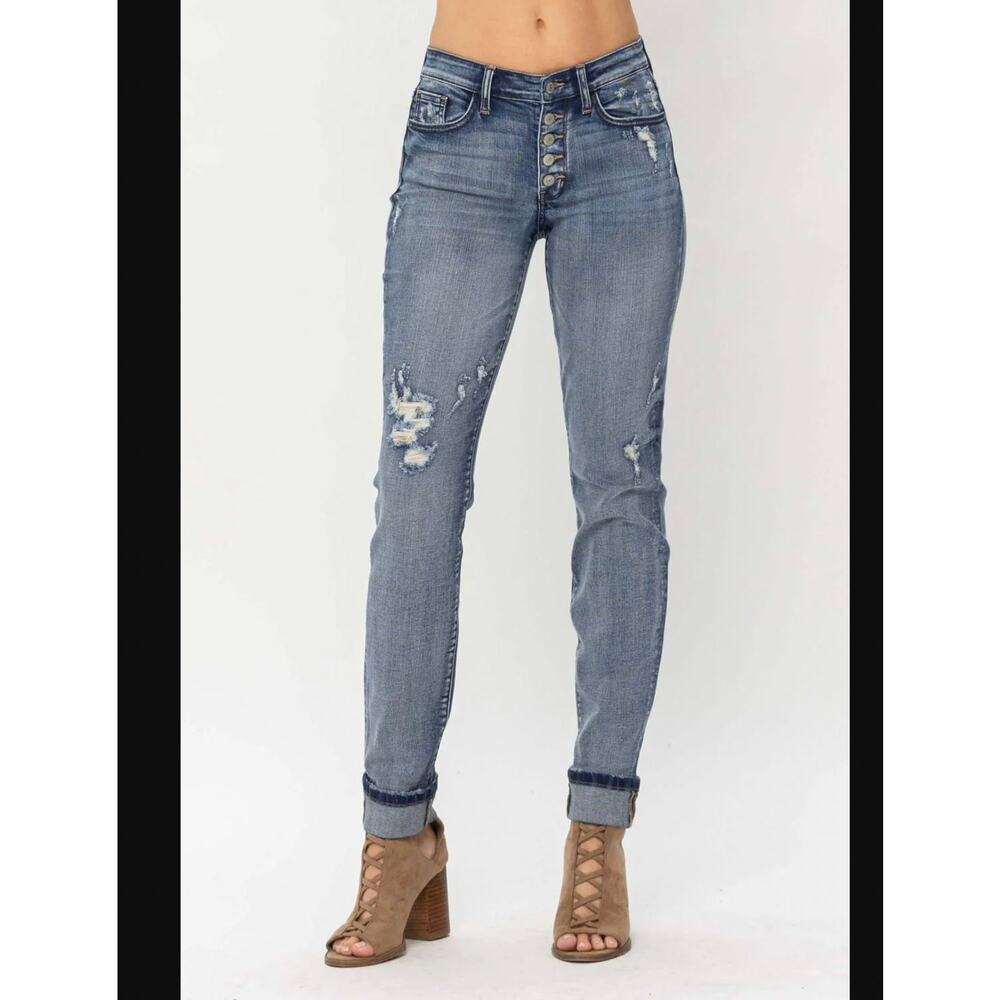 Judy Blue Boyfriend Fit Mid Rise Button Fly Contrast Wash & Cuff size 5 / 27